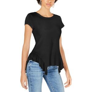 GINGER Womens Black Stretch Ruffled Short Sleeve Scoop Neck Top XL